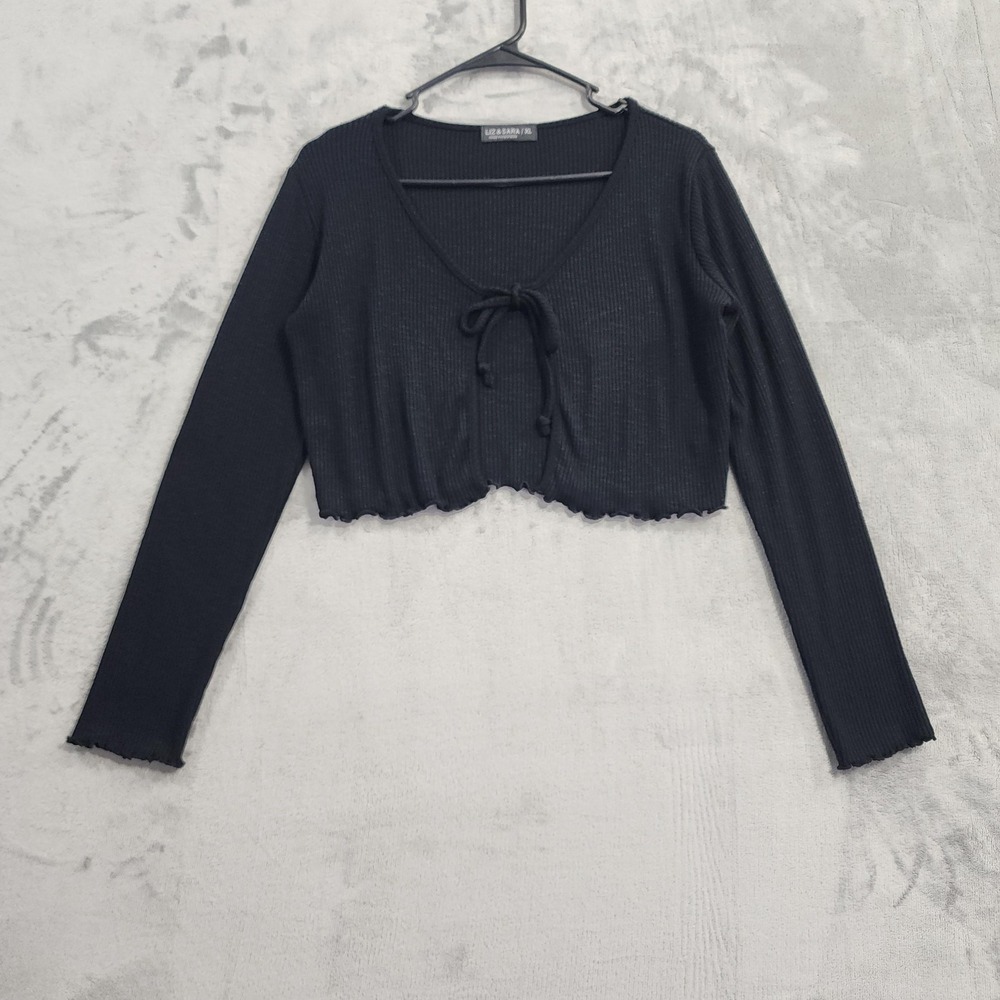 Liz & Sara Top Womens XL Black Ribbed Tie Front Cropped Long Sleeve Ruffle Hem‎